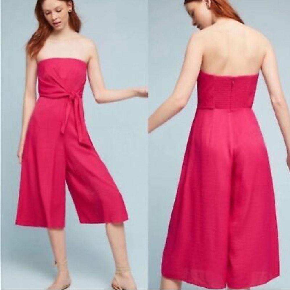 Maeve Anthropologie fuschia pink wide leg jumpsuit 0 EUC strapless barbie tie